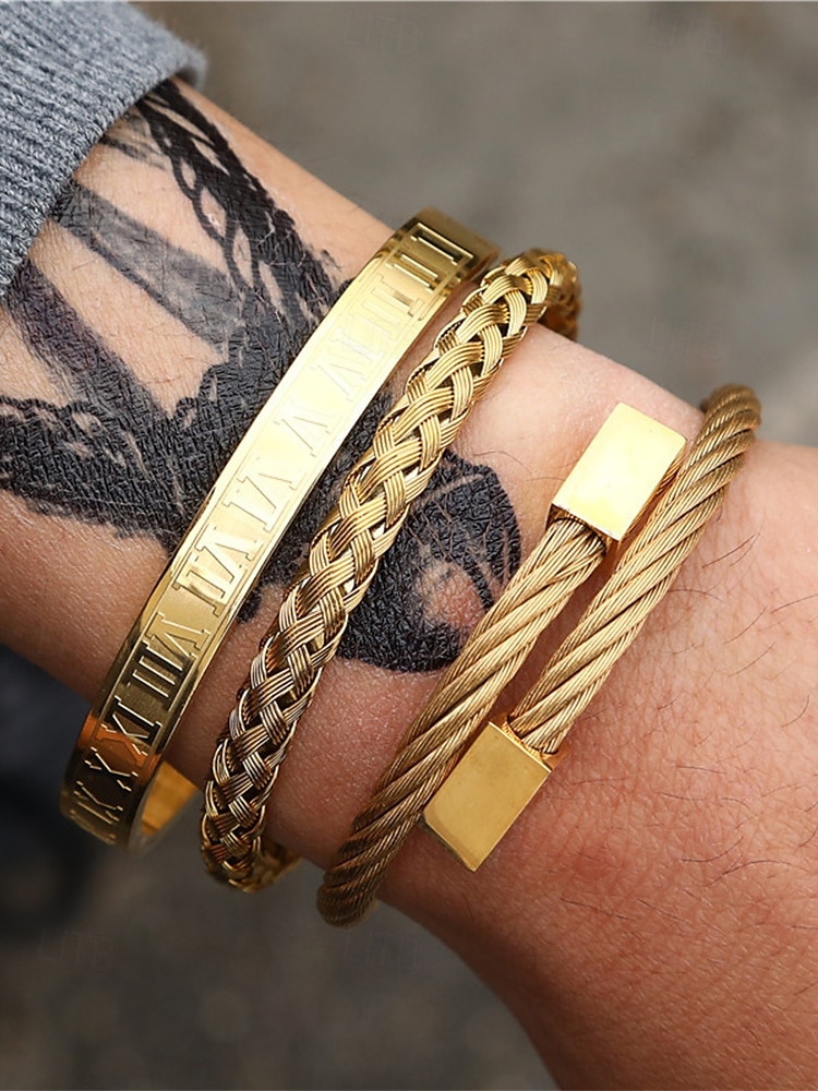 set di bracciali in acciaio inossidabile dorato da uomo: bracciali con numeri romani, intrecciati e con filo metallico, eleganti gioielli impilabili per abbigliamento da lavoro, casual e da festa del 2025 a $18.99 –P1