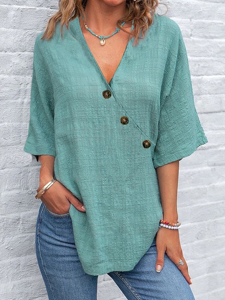 Women's Shirt Cotton Linen Shirts Plain Daily Casual Half Sleeve Butterfly Sleeve Crossover Collar Regular Tops Daily Patchwork Buttons Blue Purple Green Gray Summer Spring 2025 - $24.99 –P2