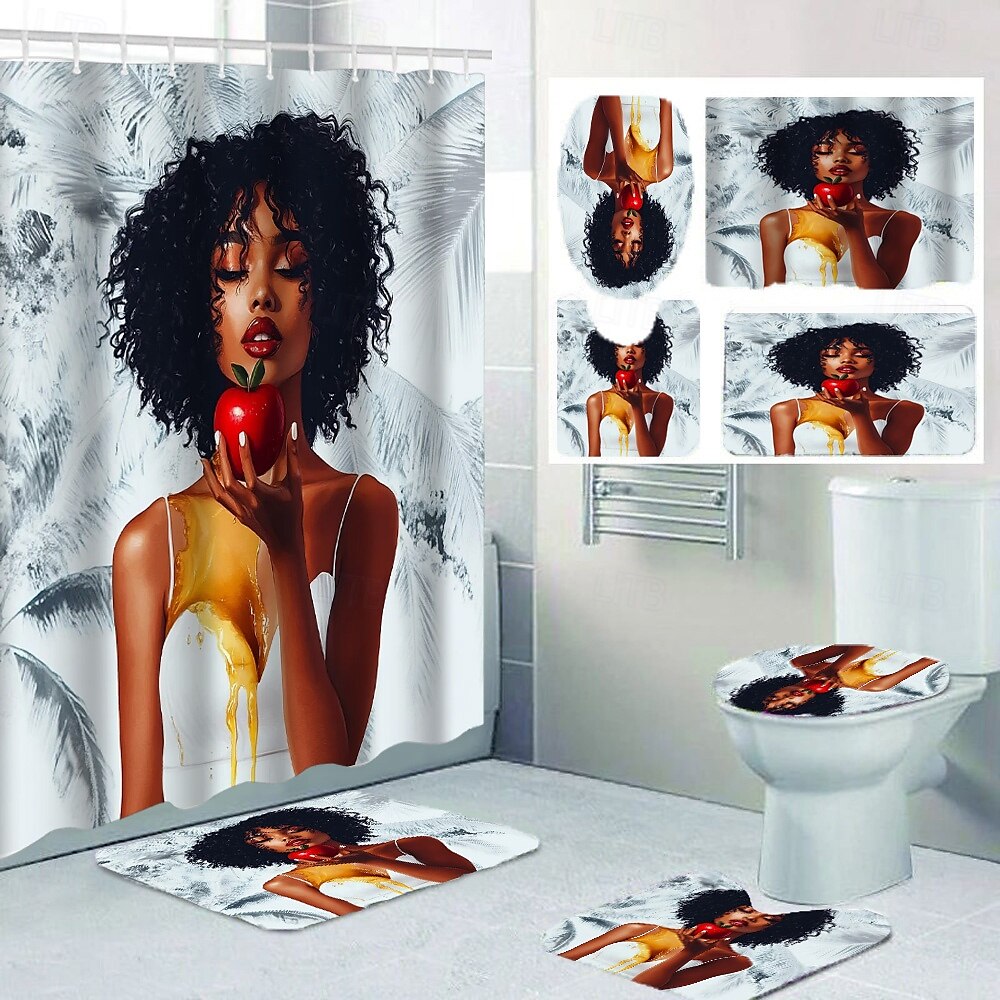 4-delt baderomssett vanntett polyester dusjforheng med 12 kroker sklisikre toalettseteomslag og holdbar bade matte moderne design av afroamerikanske kvinner hjemmedekorasjon 2025 - $31.99 –P4