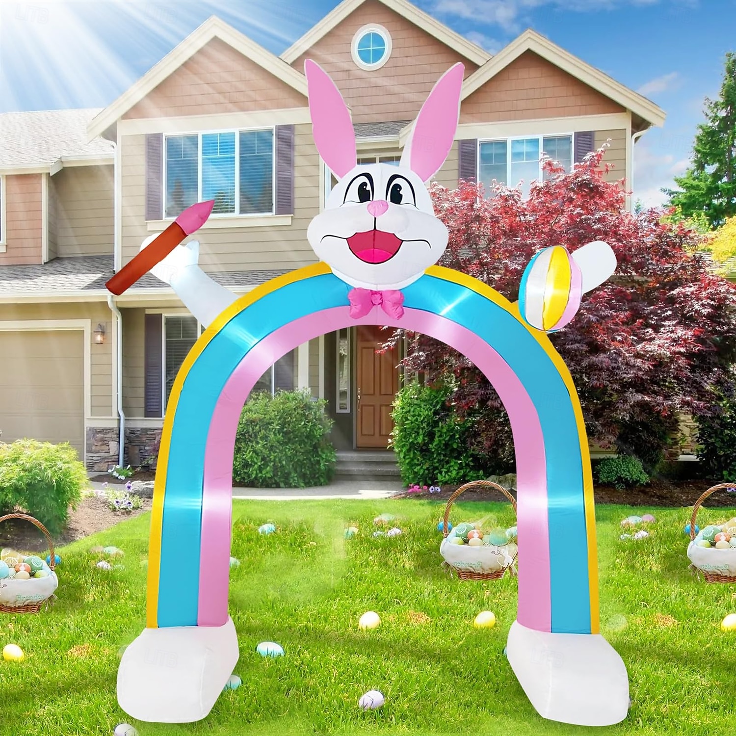 9,8 fot påsk gummibåtar kanin handhållen borste och påskägg uppblåsbar med ljus regnbågsbåge inomhus och utomhus innergård trädgård gräsmatta familjesemester fest atmosfär dekorativt ljus 2026 - $158.99 –P2