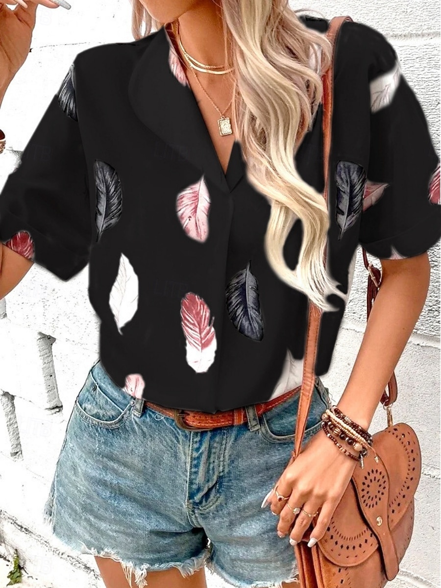 Women's Shirt Feather Stylish Casual Short Sleeve Shirt Collar Regular Tops Daily Buttons Print Black White Pink Wine Blue Summer Spring 2025 - $19.99 –P7