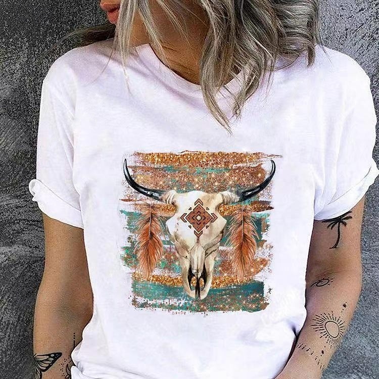 Women's Summer Tops Graphic Tribal Fashion Western Casual Short Sleeve Round Neck Regular Tops Daily Going out Weekend Patchwork Print White Summer Spring 2025 - $15.99 –P2
