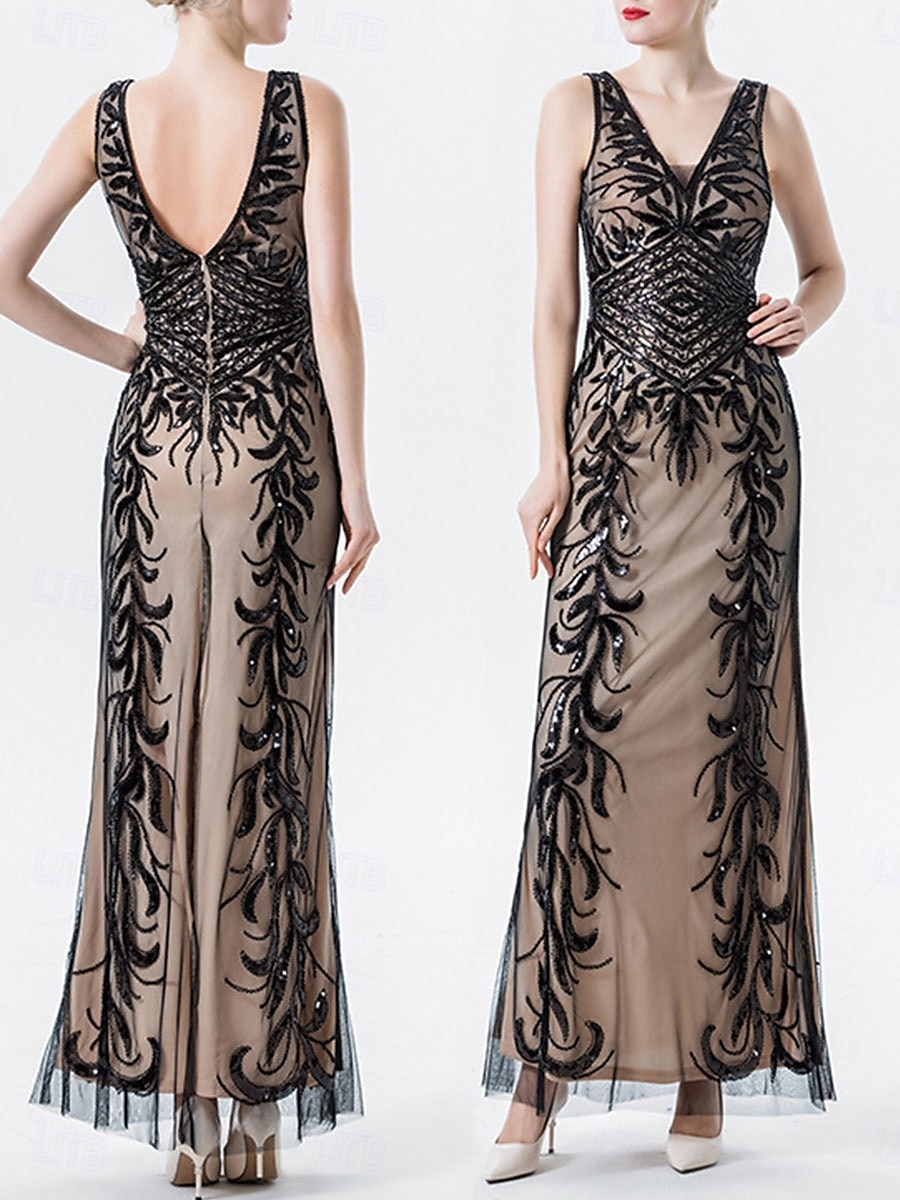Kleid Brautmutterkleid Elegant Party V Ausschnitt Bodenlang Polyester Ärmellos mit Paillette 2025 2025 - $79.99 –P6