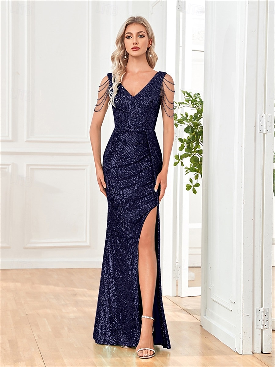 Zeemeermin  Trompet Quinceañera Jurken Elegante Jurk Bruiloft Bruiloft Gast Vloerlengte Mouwloos V-Hals Polyester met Pailletten 2025 - $119.99 –P8