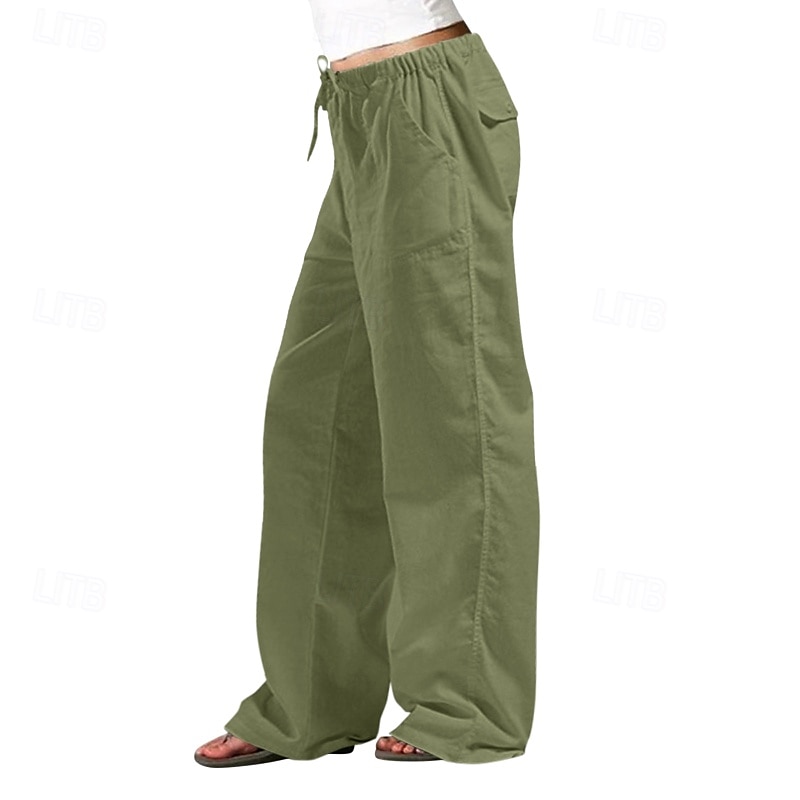 Women's Cotton Linen Pants Slacks Streetwear Casual Full Length Natural Plain Pocket Elastic Drawstring Design Outdoor Comfortable Daily Wear Going out Depression Green Dark Brown Light Sky Blue Navy 2025 - $23.99 –P9