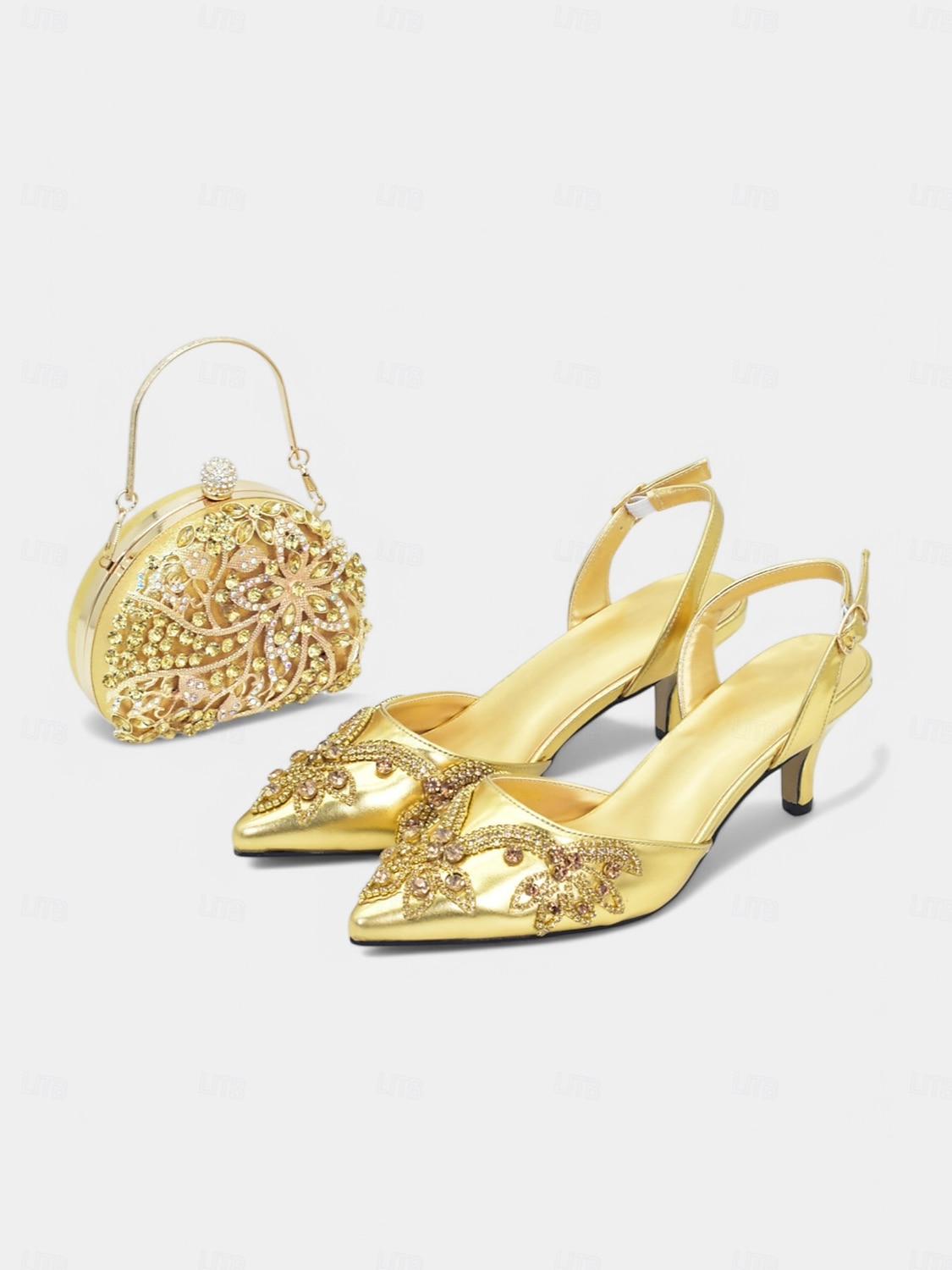 arany díszítésű slingback sarkú cipő hozzáillő kézitáskával – luxus esküvői és participő nőknek 2025 - $109.99 –P3