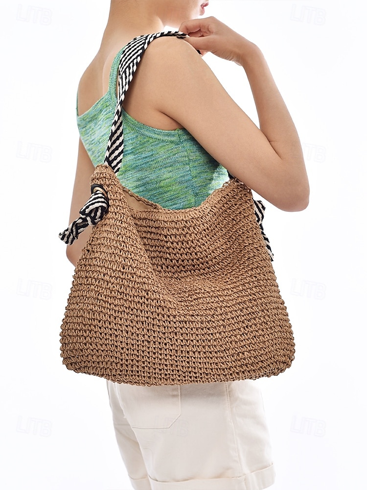 Damen-Umhängetasche aus gewebtem Stroh – Strandtasche im Boho-Chic-Stil mit Riemen im Zebramuster, leichte Sommerhandtasche für Reisen, Urlaub und Freizeitausflüge 2025 - $24.99 –P1