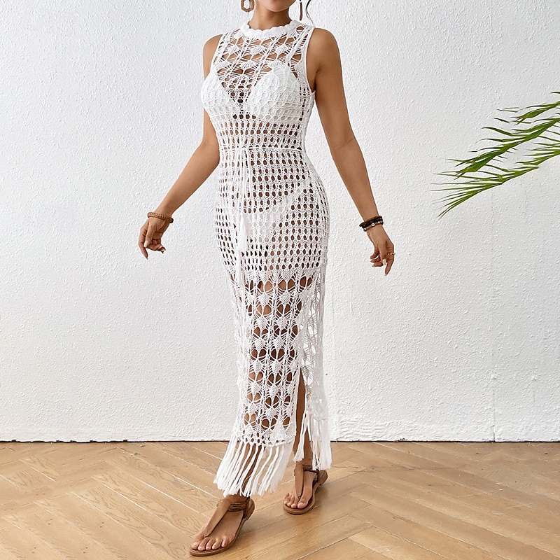 Mulheres Roupa de Banho Cobertura roupa de banho Com Corte Franja Roupa de Praia Verão Tecido Decote Redondo Sem Manga Fatos de banho de 2025 por $23.99 –P2