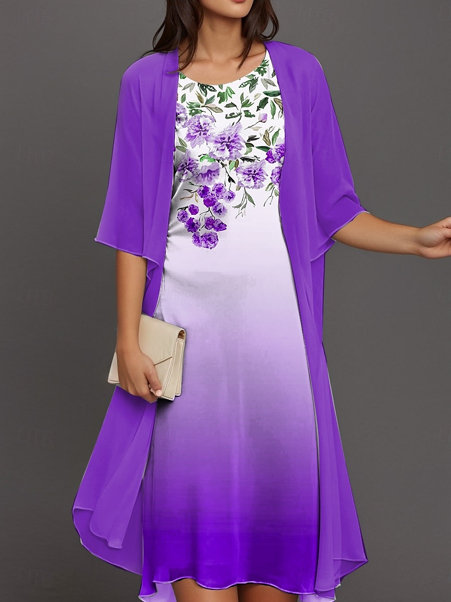 Robe midi de graduation pour femmes 2 pièces Ensemble de robe Robe évasée Cocktail Semi-formel Imprimé graphique floral Manches demi Col rond Formelle Invité de mariage Bleue Violet Fuchsia Été de 2025 ? $36.99 –P4