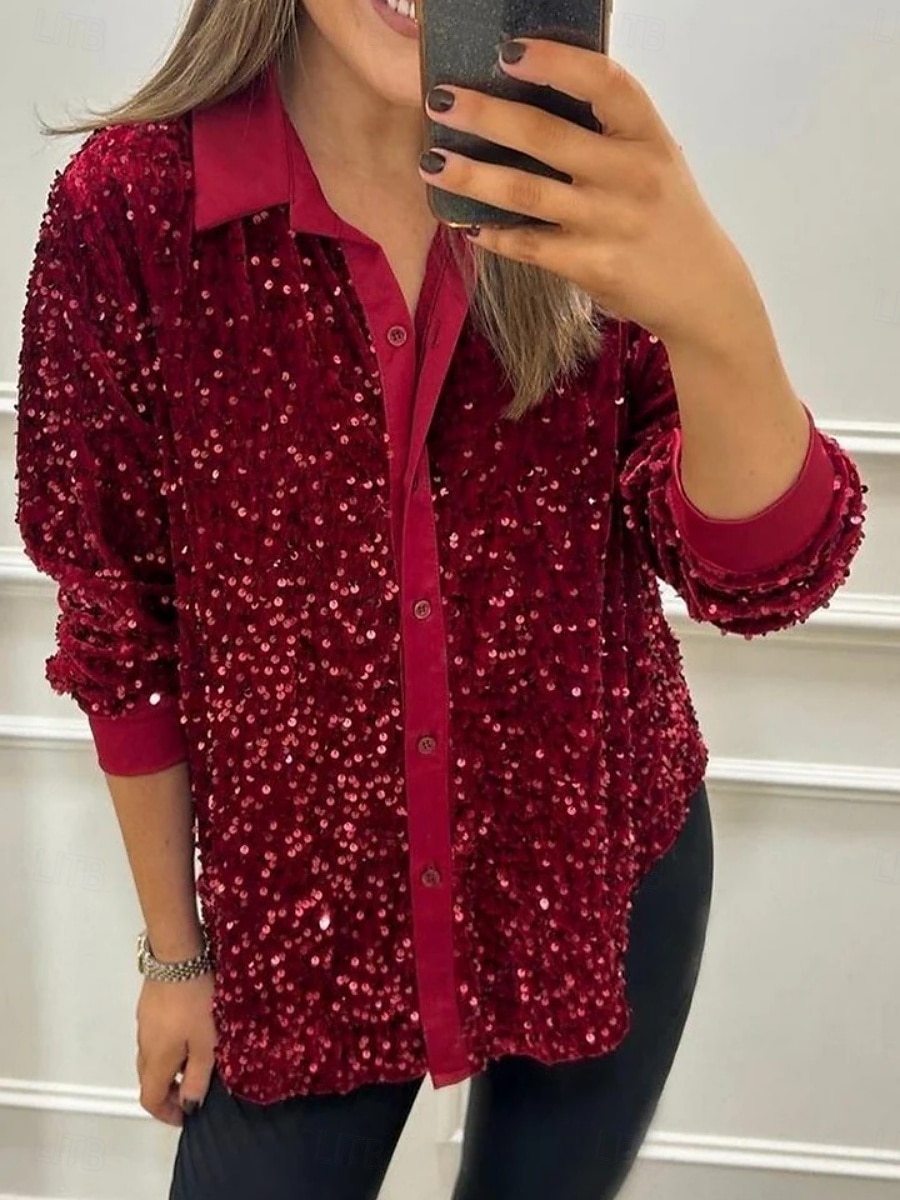 Per donna Camicia Blusa Semplice Elegante Moderno Manica Lunga Colletto a Camicia Top Regolari Quotidiano Paillettes Bottoni Tasca Nero Giallo Rosso Blu Viola Estate del 2025 a $23.99 –P3