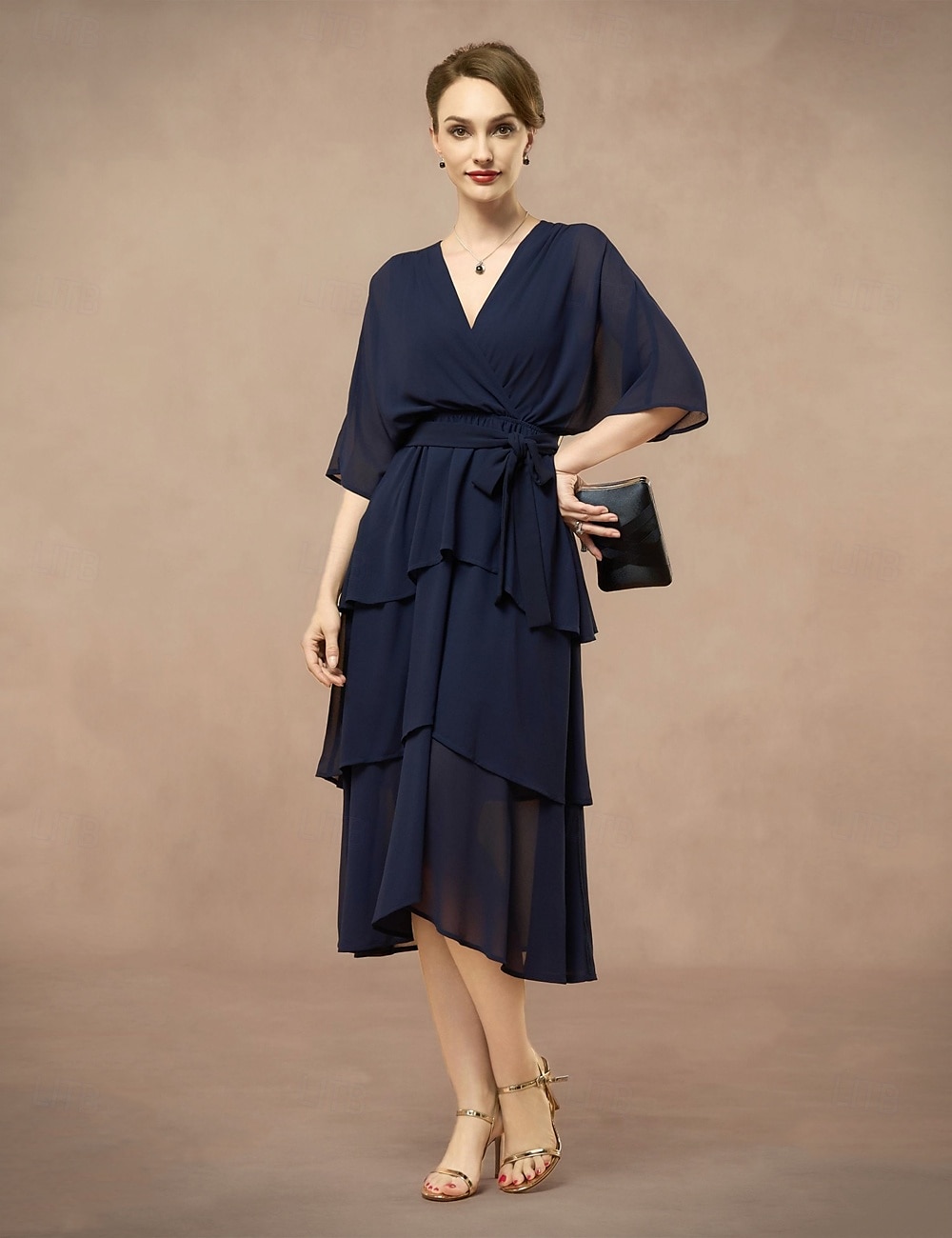 A-Line Mother of the Bride Dress Wedding Guest Elegant V Neck Floor Length Chiffon Half Sleeve with Bow(s) Cascading Ruffles Solid Color 2025 2025 - $87.99 –P1
