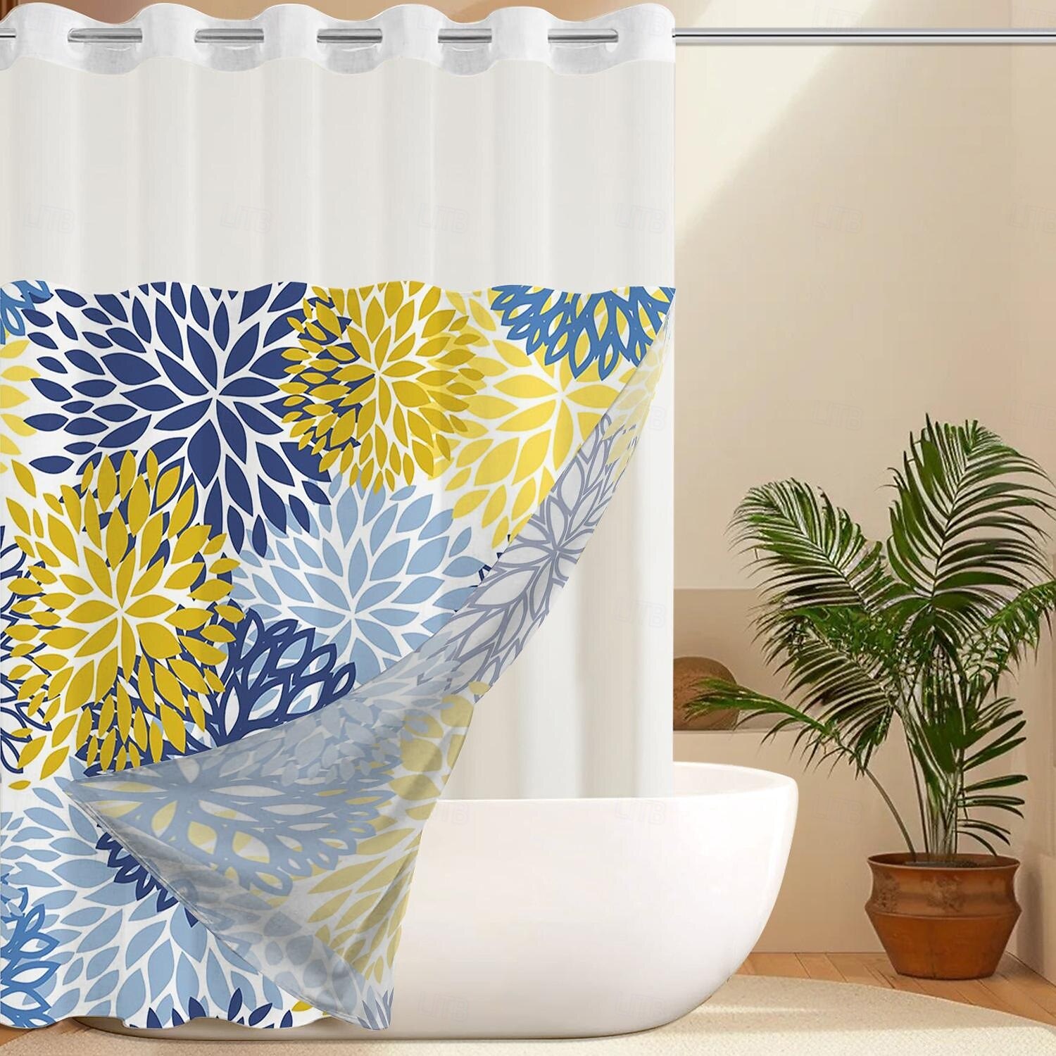 No Hook Leaves Pattern Shower Curtain 180cm*180cm(70"*70"), Double Layer Waterproof Bathtub Curtain with Snap-in Fabric Liner & Sheer Top Window for Bathroom Decor 2025 - $41.99 –P3