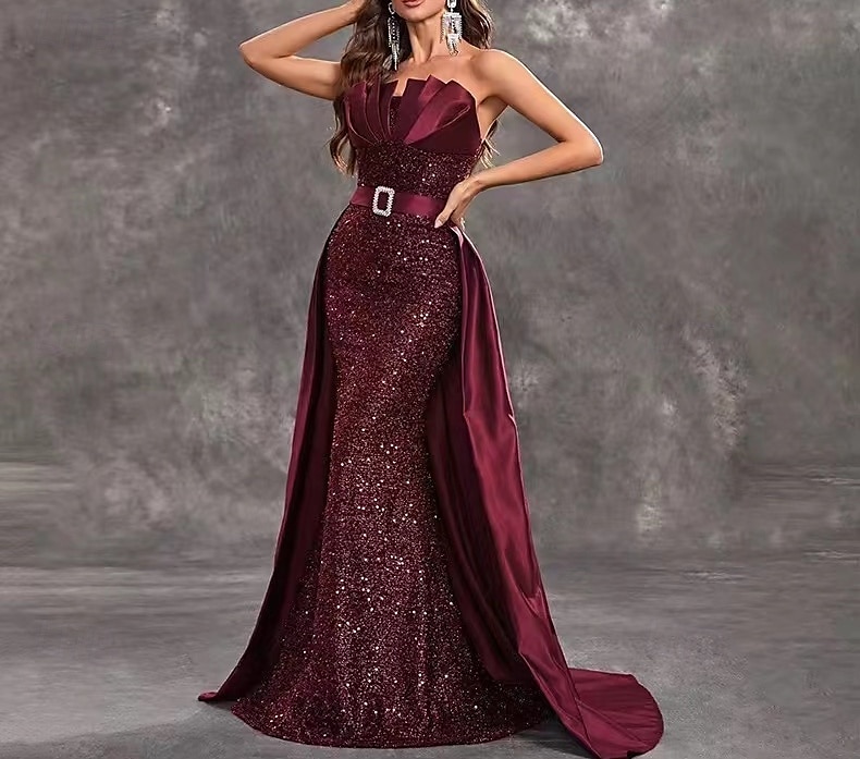 Mermaid / Trumpet Evening Gown Vintage Dress Evening Party Wedding Reception Sweep / Brush Train Sleeveless Strapless Belt / Sash Sequined Backless with Glitter Sequin 2025 - $213.99 –P3
