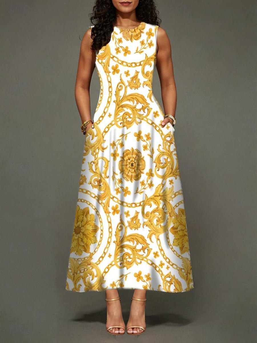 Per donna Vestito maxi Abito casual Abito linea A Moda Informale Da mare Giornaliero Standard Floreale Senza maniche Girocollo Nero Bianco Giallo Verde chiaro Estate del 2025 a $28.99 –P7
