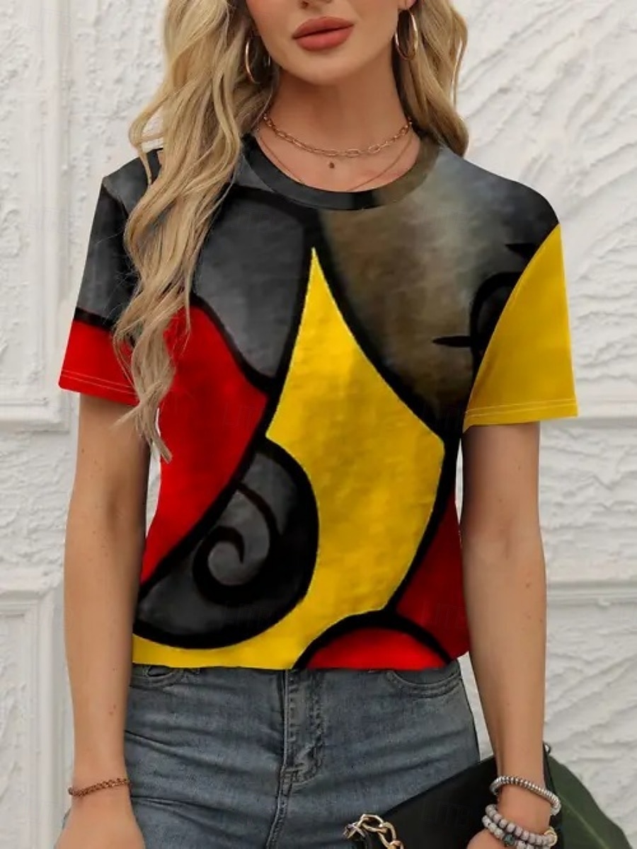Women's T Shirt Abstract Fashion Modern Short Sleeve Crew Neck Regular Tops Daily Print Brown Gray Summer 2025 - $12.99 –P1