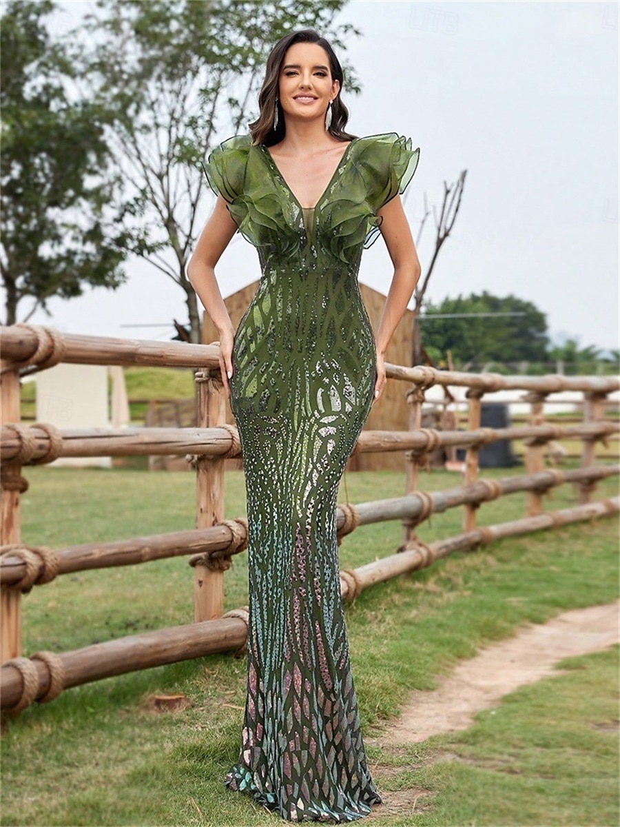 Robe de Quinceanera Sirène  Trompette Élégante Robe Mariage Mariée Invitée Longueur de Sol Sans Manches Col en V Spandex avec Sequins de 2025 ? $118.99 –P1