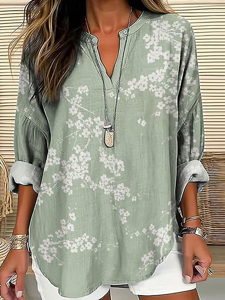 Women's Shirt Floral Graphic Vintage Tropical Hawaiian Long Sleeve V Neck Regular Tops Daily Holiday Beach Wear Print Pink Navy Blue Blue Green Khaki Summer Spring 2025 - $24.99 –P5