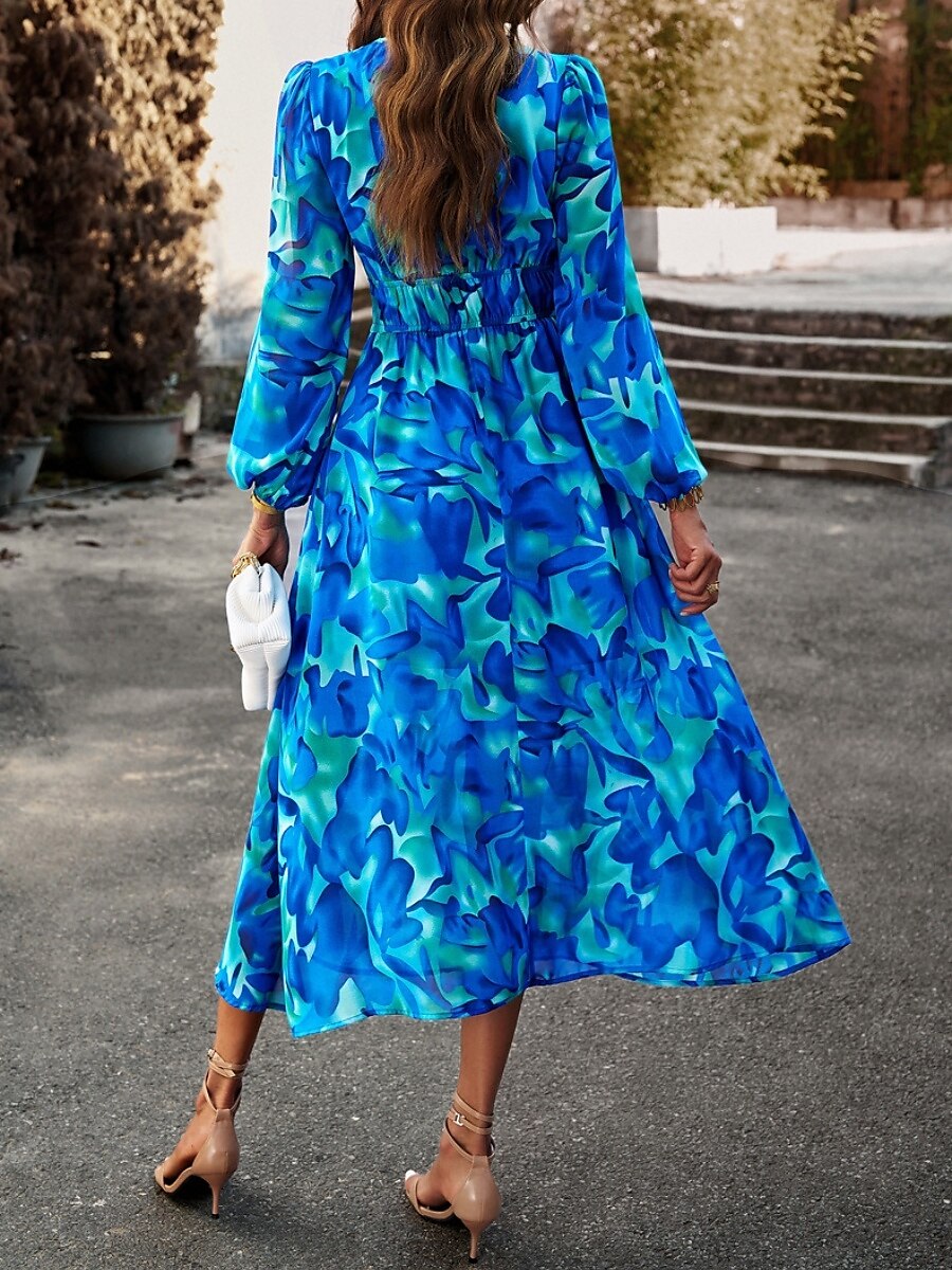 Women's Midi Dress A Line Dress Fit And Flare Dress Puff Sleeve Dress Vacation Casual Vacation Daily Regular Fit Graphic Long Sleeve V Neck Red Blue Green Apricot Summer 2025 - $46.99 –P6