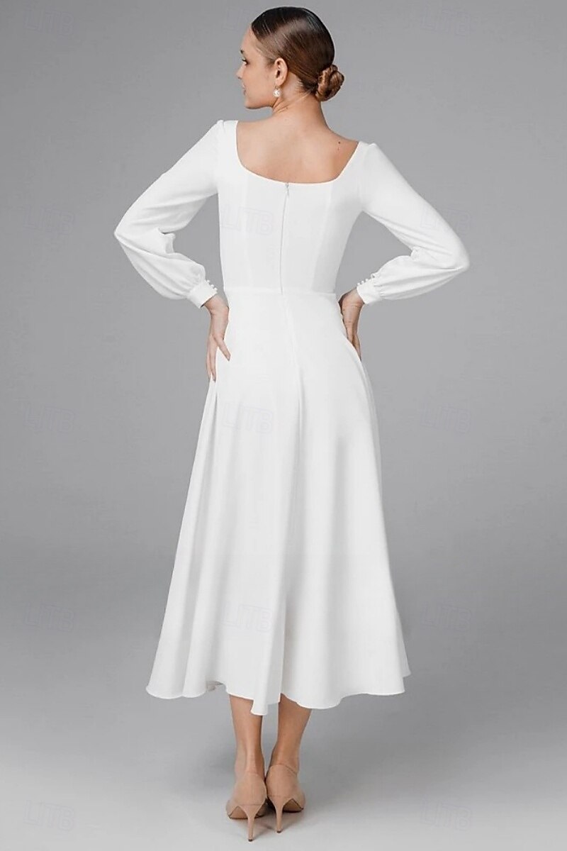 Fidanzamento Piccoli Abiti Bianchi Abiti da sposa Linea ad A Scollo Tondo Manica Lunga Lunghezza Tè Tessuto Elasticizzato Abiti da sposa Con Tinta unita 2025 del 2025 a $146.99 –P2