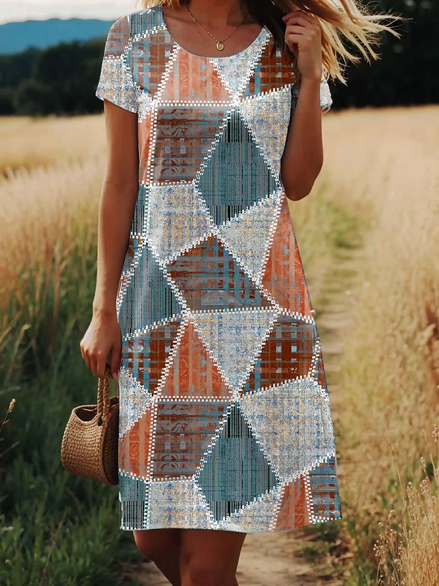Mini sukienka dla kobiet sukienka w kształcie litery A sukienka T-shirt sukienka letnia stylowa casual codziennie regularny krój graficzna geometryczna krótki rękaw okrągły dekolt niebieska fioletowa 2025 - $23.99 –P2