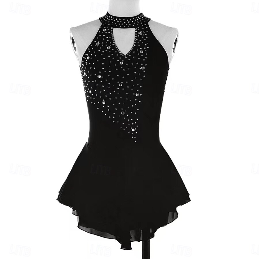 Figure Skating Dress Women's Girls' Ice Skating Dress Black Dark Green Dark Blue Patchwork Open Back Mesh Spandex Stretchy Training Practice Professional Skating Wear Thermal Warm Classic Crystal 2026 - $213.49 –P5