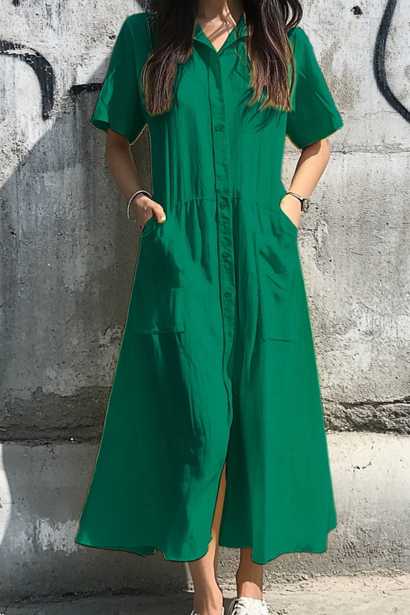 Damskie Sukienka midi Sukienki inspirowane lnem Bawełniana lniana sukienka Moda Klasyczny Urlop Wyjściowe Weekend Regularny Równina Krótki rękaw Kołnierzyk koszuli Jasnoróżowy Żółty Zielony 2025 - $32.99 –P2