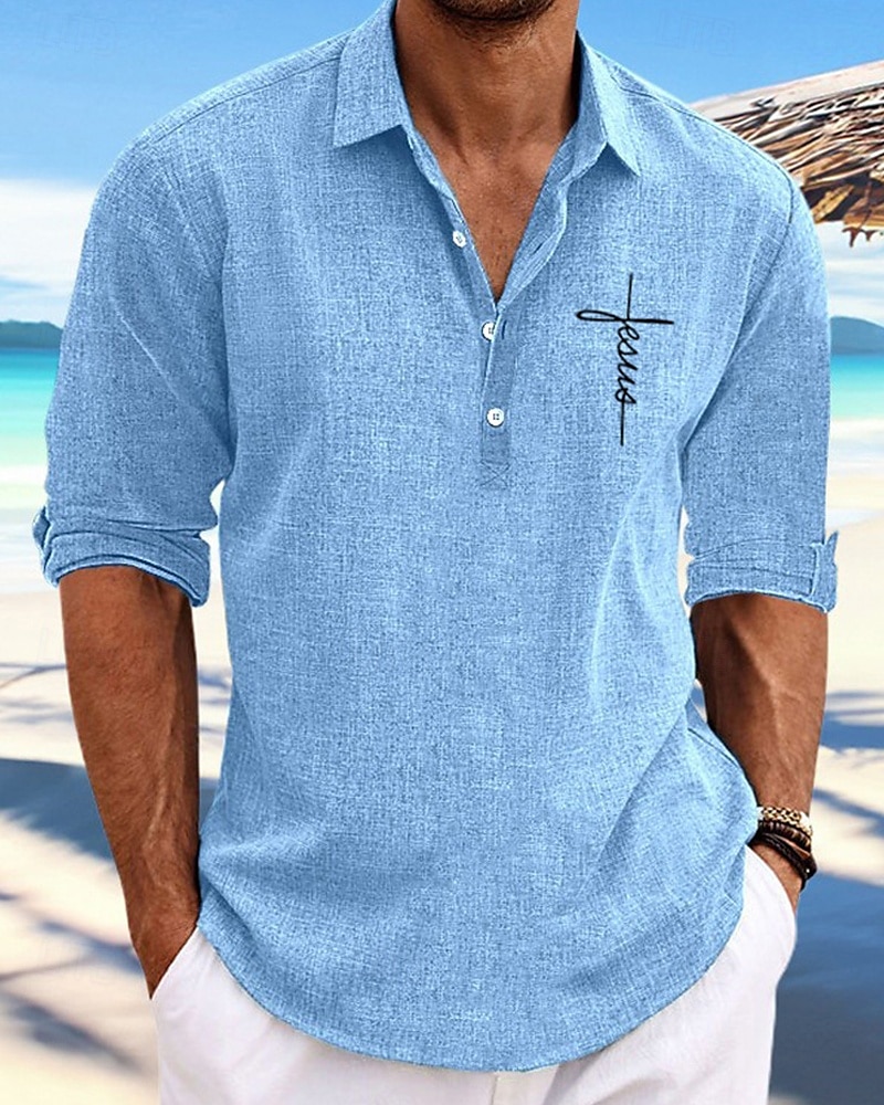 Herren Hemd Popover-Hemd Sommerhemd Freizeithemd Strandhemd Schwarz Himmelblau Kaki Grau Langarm Kreuz Revers Urlaub Hawaiianisch Button-Down Bekleidung Mode Lässig Bequem 2025 - $26.99 –P1