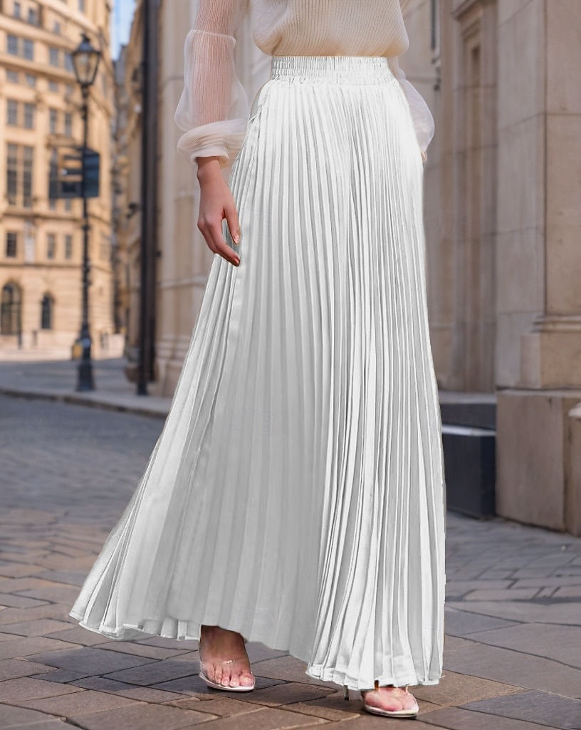 Damen Rock Langer Rock Mode Lang Maxi Hohe Taille Röcke Einfarbig Gerafft Plissiert Schimmernd Mikroelastisch Täglich Ferien Silber Pfauenblau Marineblau Schwarz Frühling, Herbst, Winter, Sommer 2025 - $23.99 –P1