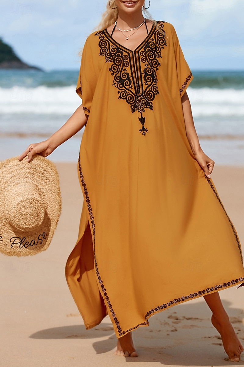 Women's Midi Dress Casual Dress Boho Dress Print Dress Fashion Modern Going out Beach Weekend Regular Fit Flower Short Sleeve V Neck Yellow Summer 2025 - $25.99 –P2