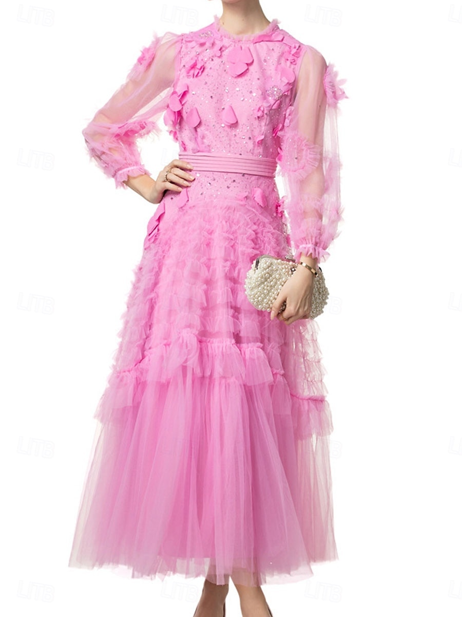 Šaty do A quinceanera růžové šaty květy svatební svatební host maxidélka dlouhý rukáv s kulatým výstřihem s volány 2025 - $169.99 –P1