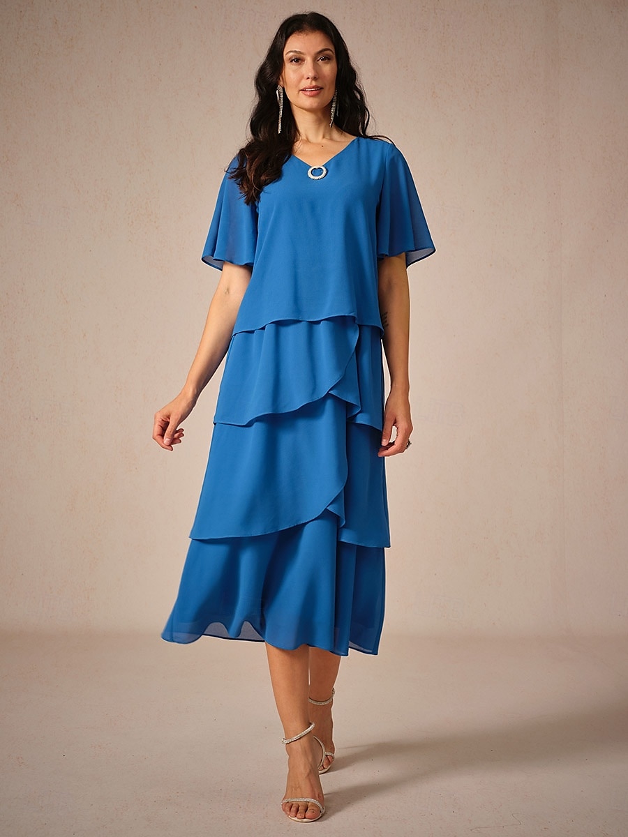 Per donna Vestito longuette Abiti in chiffon Elegante Moda fluente Matrimonio Invitati del matrimonio Morbido Tinta unica Manica corta A V Blu reale Estate Primavera del 2025 a $59.99 -P1