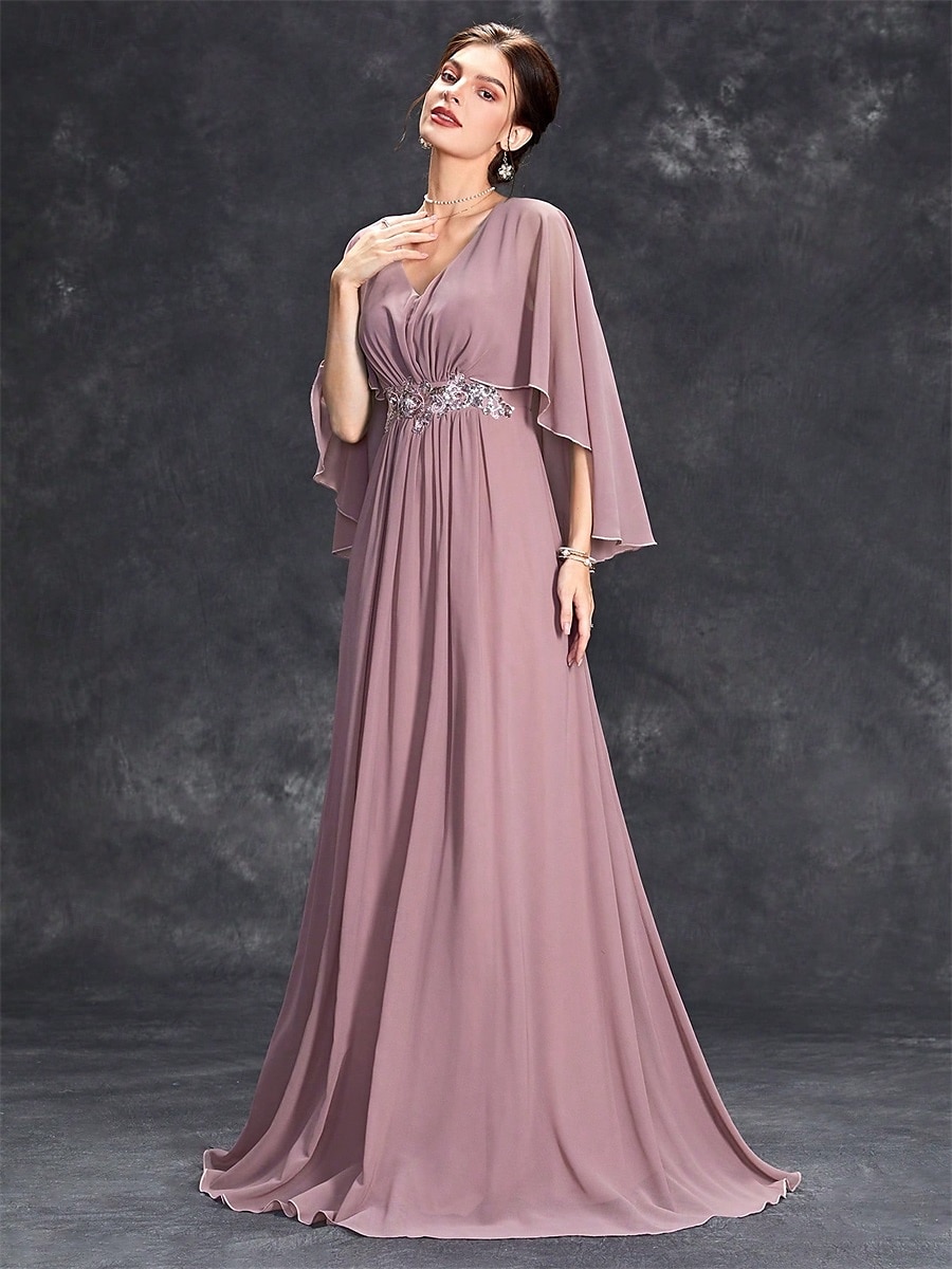 Dress Mother of the Bride Dress Elegant Party V Neck Floor Length Polyester Half Sleeve with Appliques 2025 2025 - $82.99 –P9