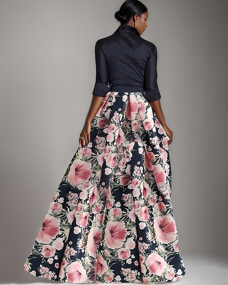 Robe mère de la mariée trapèze, imprimé floral, nœud élégant, plis, longueur au sol, col chemise, satin, manches 3/4 avec boutons, printemps été 2025 de 2025 ? $149.99 –P3