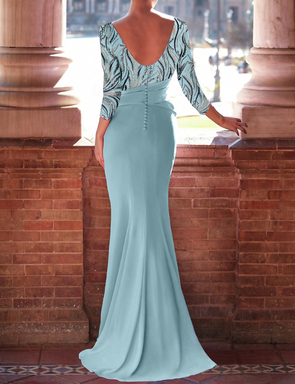 Sky Blue Mermaid / Trumpet Evening Gown Celebrity Style Dress Formal Wedding Guest Floor Length 3/4 Length Sleeve Boat Neck Satin with Bow(s) Beaded Gown 2025 - $142.99 –P3