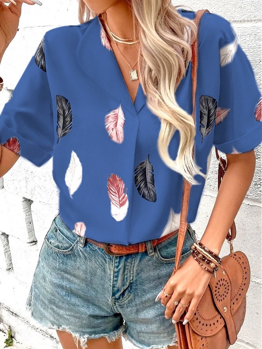 Women's Shirt Feather Stylish Casual Short Sleeve Shirt Collar Regular Tops Daily Buttons Print Black White Pink Wine Blue Summer Spring 2025 - $19.99 –P10