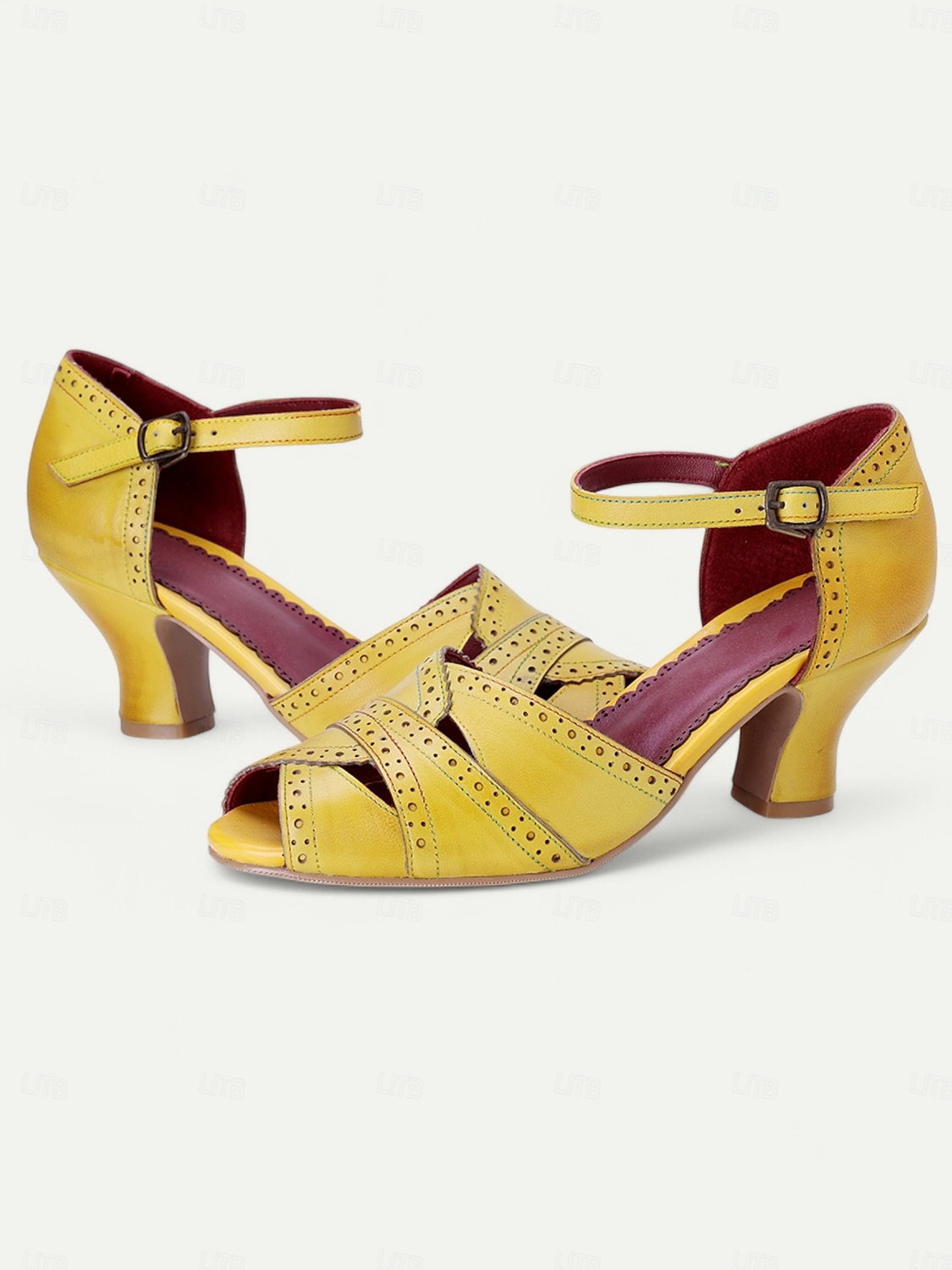 dámské vintage žluté vykukující podpatky z 30. let – retro kožené sandály s páskem kolem kotníku a brogue detaily pro elegantní dámy, ideální na večírky a formální události 2025 - $84.99 –P2