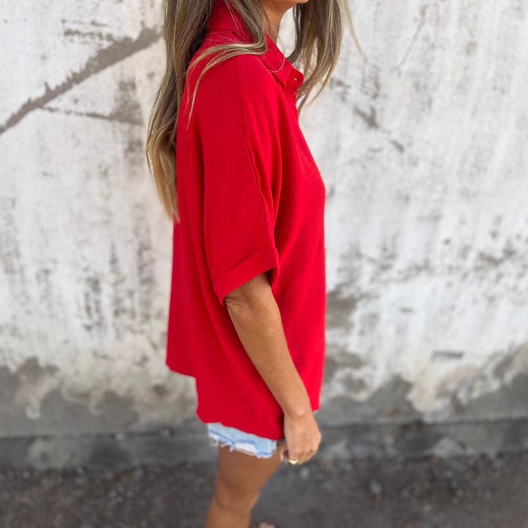 Cămașă Bluză din Bumbac și In Culori Uni Elegant Casual Mânecă Scurtă Guler Regulare Tops Zilnic Sărbătoare Butoane Negru Alb Roșu Violet Khaki Vară Primăvară 2025 - zł95.99 –P6