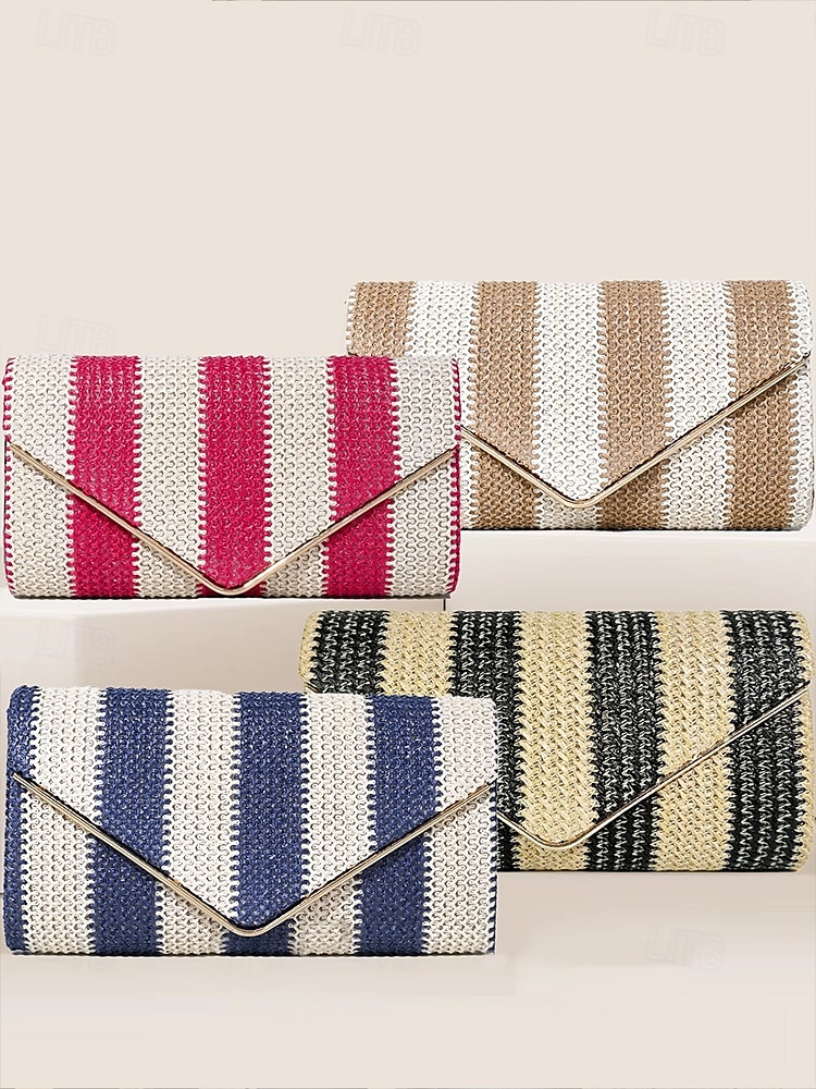 dames gestreepte geweven envelop clutch - met ketting, kan op één schouder of crossbody worden gedragen, modieus en veelzijdig, geschikt voor strandfeestjes en dagelijks gebruik zwart rood kaki 2025 - $19.99 –P3