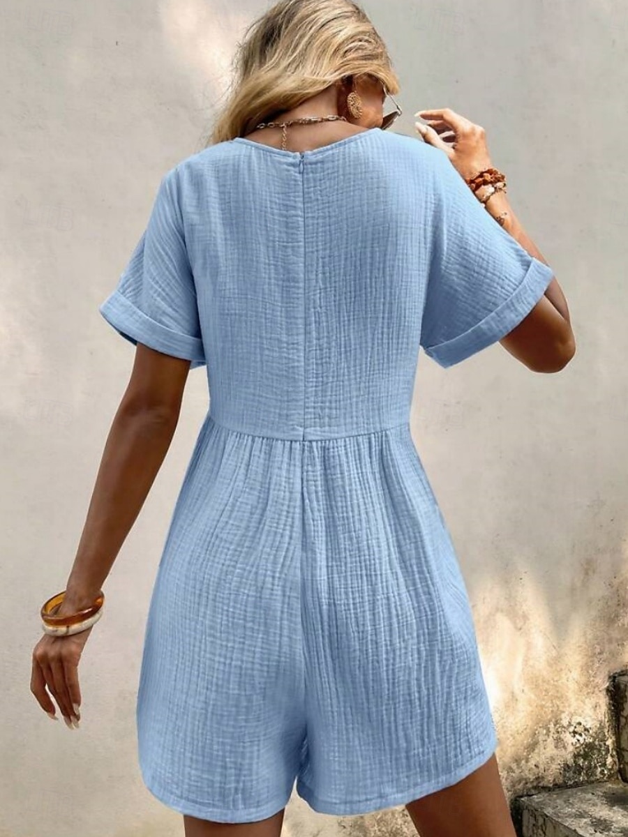 Rompers pour femmes couleur unie manches courtes col en V poches vacances quotidien coupe régulière noir vert abricot été de 2025 ? $34.99 –P16