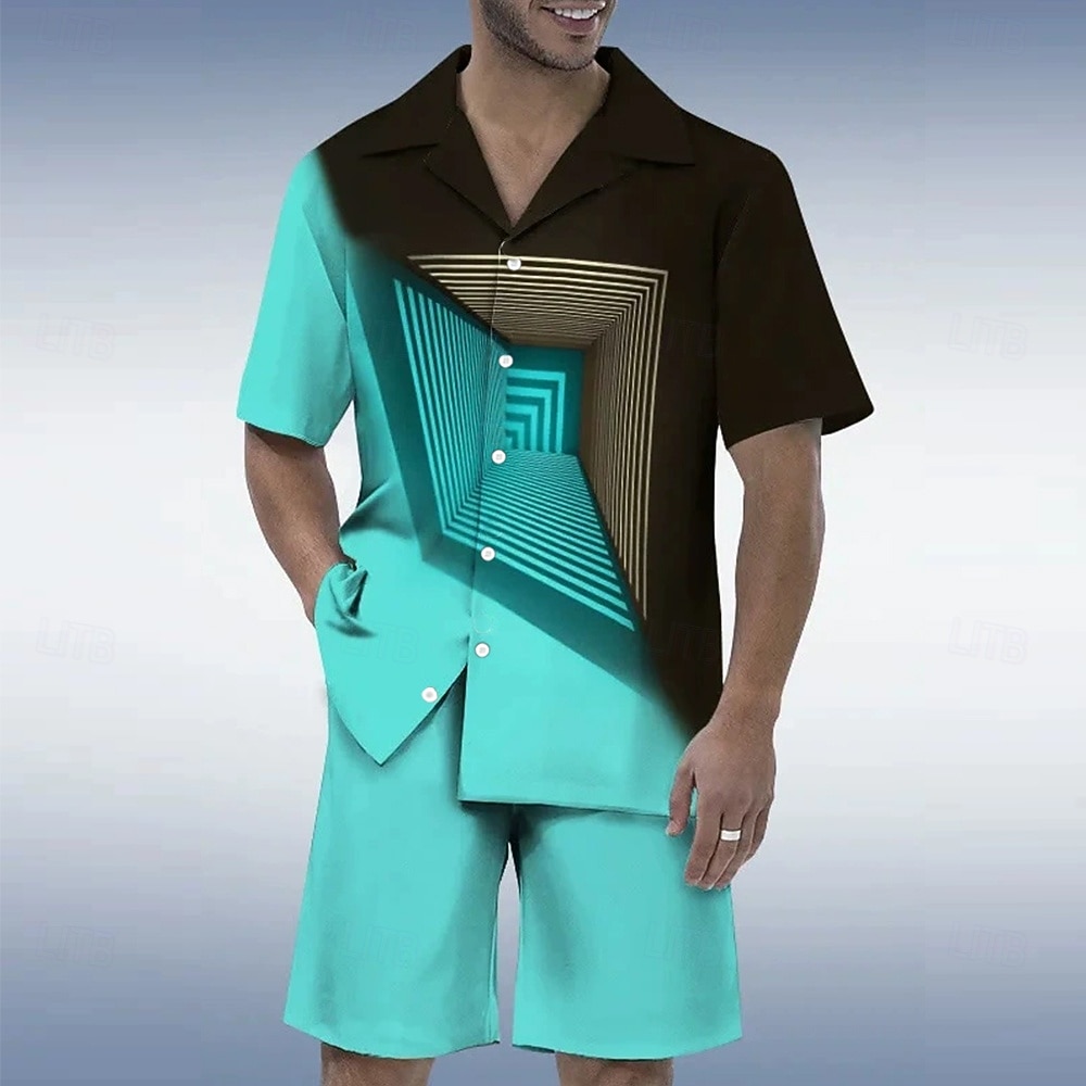 Voor heren Meetkundig 2 stuks Overhemden Sets Overhemd Korte mouw Korte broek Cubaanse kraag Vakantie Casual / Dagelijks Feest Casual Dagelijks 3D-afdrukken Zomer Zwart / Blauw 2026 - $40.99 –P1