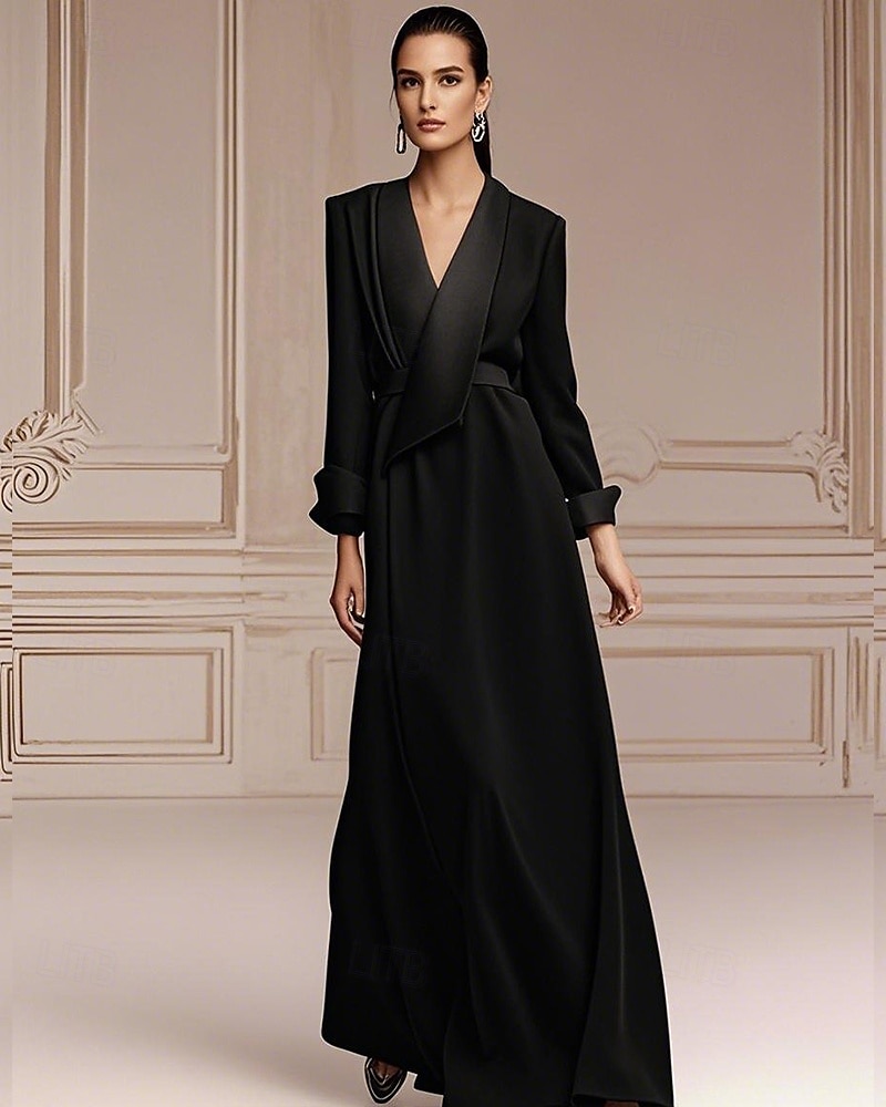 Blazer Dress A-Line Mother of the Bride Dress Tuxedo Dress Elegant Simple Minimalist V Neck Floor Length Satin Long Sleeve with Color Block 2025 - $189.99 –P5