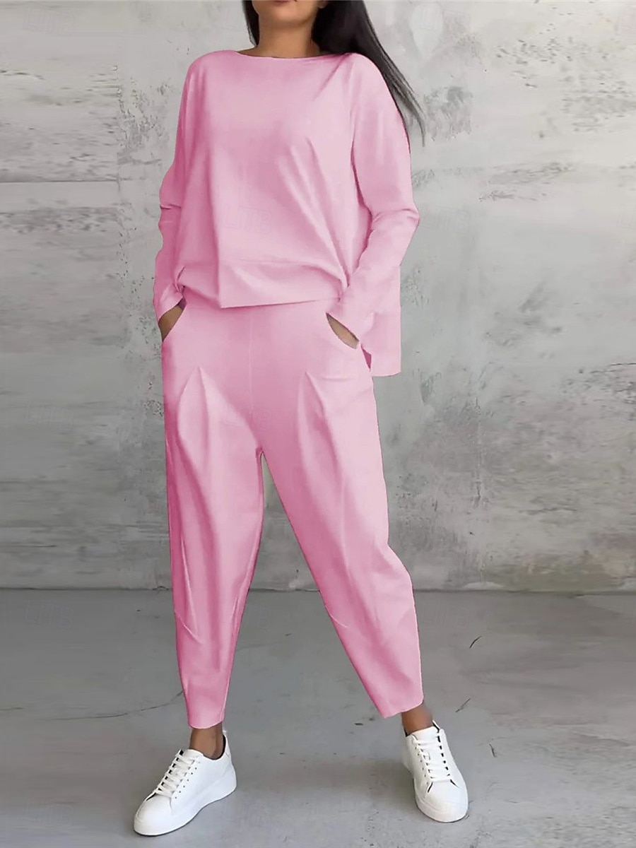 Damen 2 Teile Fashion Streetwear Alltag Sweatshirt Lange Ärmel Rundhals Unifarben Freizeit Alltag Schwarz Weiß Pink Sommer Reguläre Passform 2025 - $31.99 –P6