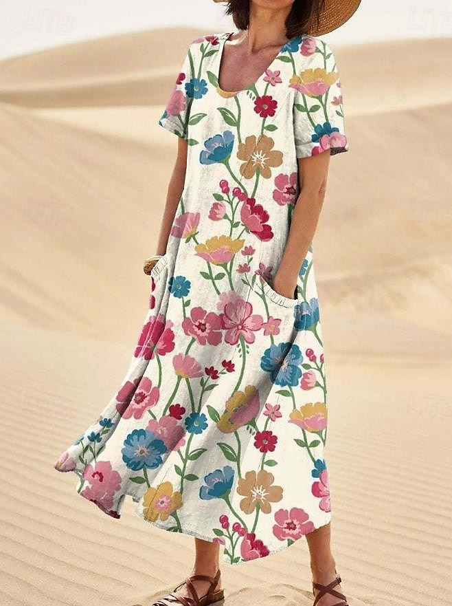 Femmes Robe Midi Robe d'Été Robe trapèze Vacances Occasionnel Boho Sortir Plage Graphique Manche Courte Col Rond Frêne Bleu Orange Vert Été Printemps de 2025 ? $29.99 –P6