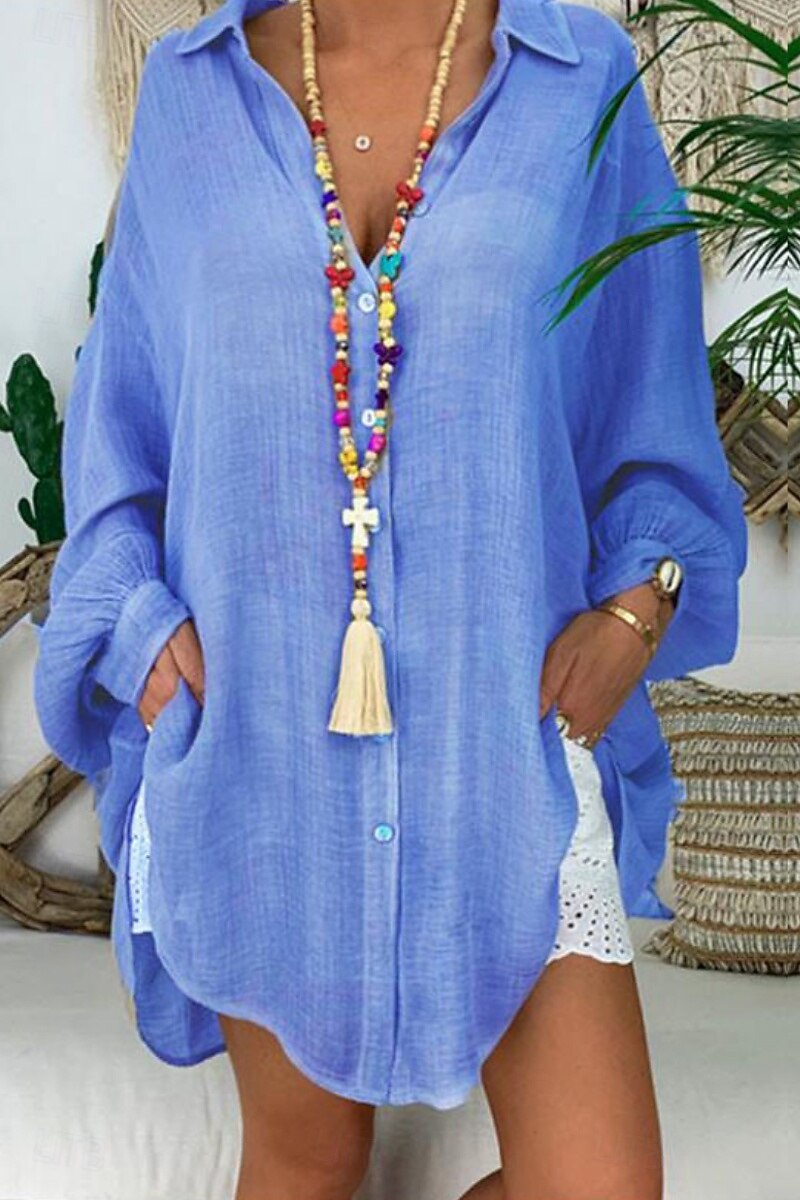 Per donna Camicia Camicie di cotone e lino Abbottonare Blusa Semplice Essenziale Moderno Manica Lunga Colletto a Camicia Top lunghi Ferie Uscire Bottoni Asimmetrico Nero Bianco Blu Viola Grigio Estate del 2025 a $29.99 –P9