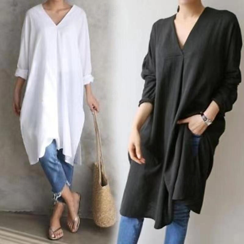 Femmes Robe Midi Robes inspirées du lin Robe en coton et lin Mode Basique Moderne Quotidien Fête Sortir Coupe régulière Uni manche longue Col en V Noir Blanche Été de 2025 ? $26.99 –P1