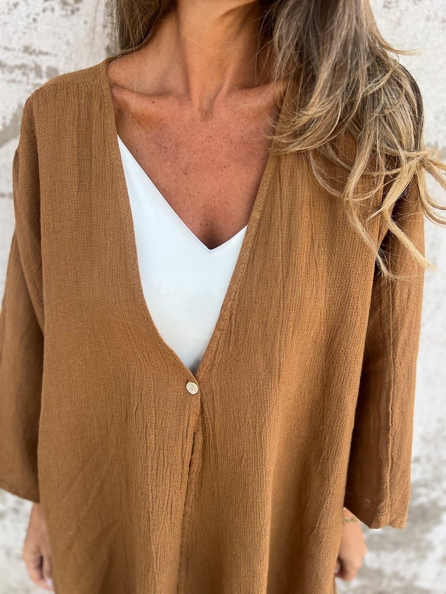 Damen Hemd Leinen-inspirierte Hemden Knopfleiste Bluse Einfach Basic Modern Langarm V Ausschnitt Normale Oberteile Täglich Ferien Knöpfe Schwarz Orange Braun Grün Beige Sommer 2025 - $19.99 –P11