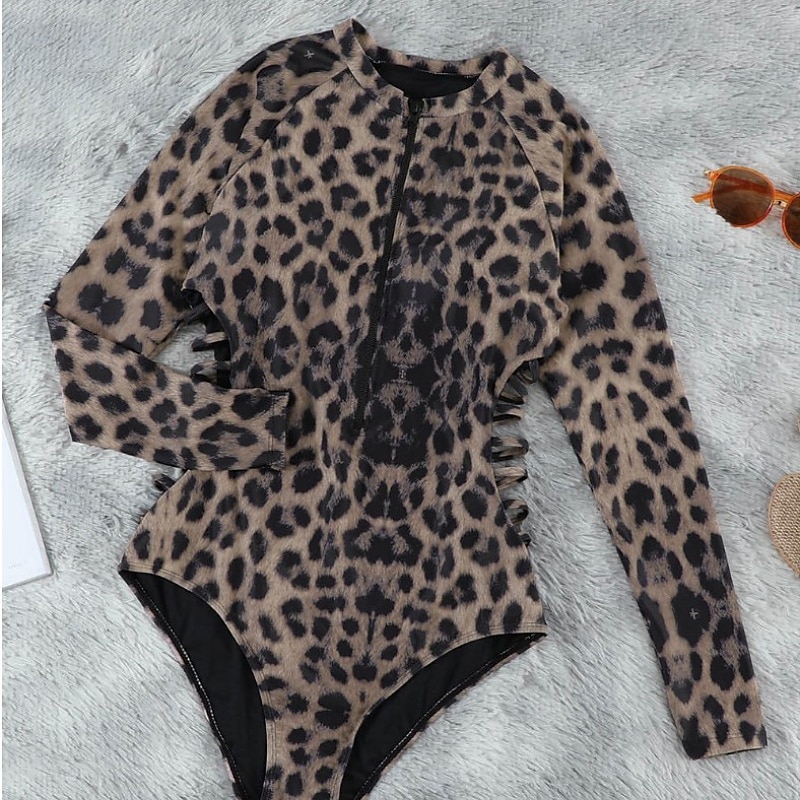Damen Badeanzug Einteiler Bademode Reißverschluss Tropisch Strandbekleidung Leopard V-förmiger Draht-Ausschnitt Ärmellos Badeanzüge 2025 - $25.99 –P7