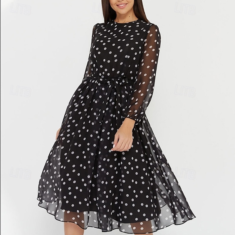 Women's Midi Dress Lace Dress Cocktail Dress Elegant Fashion Party Birthday Date Regular Fit Polka Dot Long Sleeve Crew Neck Black Khaki Summer 2026 - $28.99 –P5
