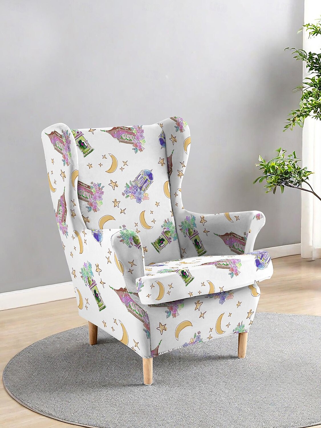 wingback stolsöverdrag, blomrandigt geometriskt tryckt polyesteröverdrag, töjbart och avtagbart, perfekt för att skydda och återuppliva dina möbler 2025 - $35.99 –P2