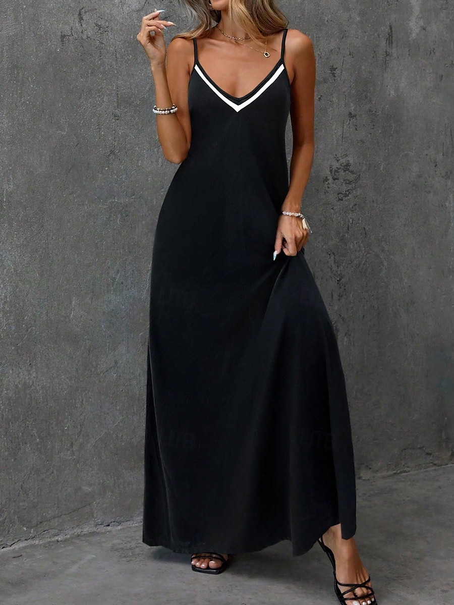 Robe Maxi Femme Robe A Ligne Robe de Plage Uni Robe de Glissement Vacances Décontractée Quotidiennes Ajustement Normal Graphique Color Block Sans Manches Col V Noir Été Printemps de 2025 ? $28.99 –P1